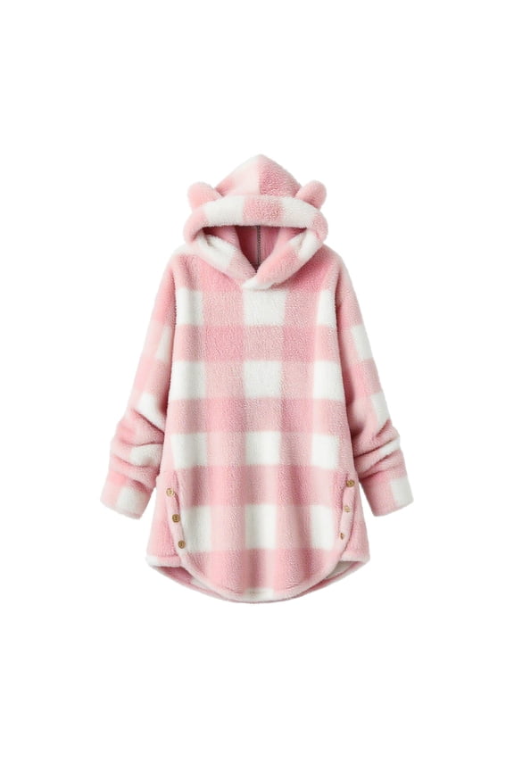 Women's Warm Sherpa Sweatshirts Plaid Fuzzy Hoodies Cute Bear Ear Sweater Pet Lovers Matching Top Winter Tunic Loungwear Cozy Soft Furry Tunic Tops