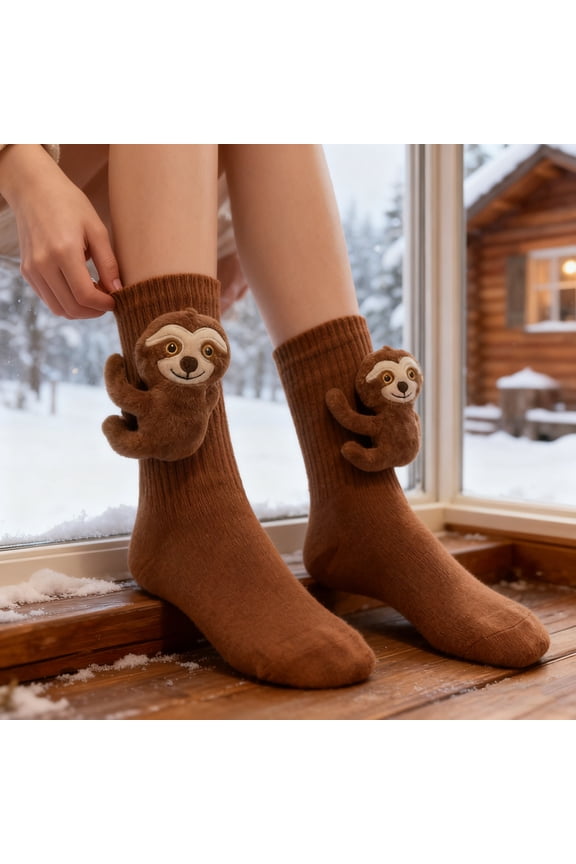 Women’s Warm Sloth Socks - 3D Knit Hand Crochet Animal Plush Socks, 2025 Christmas Novelty Gift Crew Socks