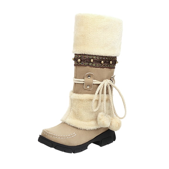 Women's Warm Snow Boots Waterproof High Performance Winter Rubber Rain Boots for Women Mid Calf Dress Boots Biker Motorcycle Riding Boots for Teens Girls Beige 5.5