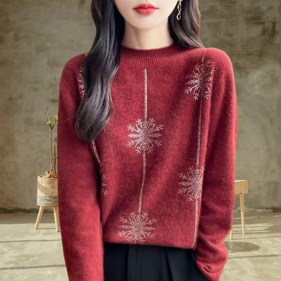 Women's Warm Sweater Mock Neck Glitter Snowflake Printed Knit Sweater Fall Winter Soft Comfy Casual Long Sleeve Pullover Tops S