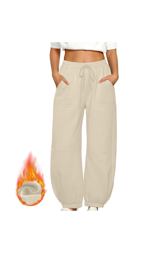 Women's Warm Sweatpants Baggy Pull On High Waisted Joggers Comfortable Thermal Trouser Sweat Pants With Pocket Beige XXL