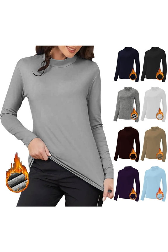 Women's Warm Thermal Elastic Inner Lap Undershirt Long Sleeve Turtleneck Blouse Top Casual Loose Fit Thickened Winter Base Layer | CSEONE,Gray L