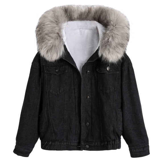 Women's Warm Versatile Spliced Lamb Hair Thickened Denim Jackets With Hood Thickened Collar Top Casual Outerwear For Women Street Style