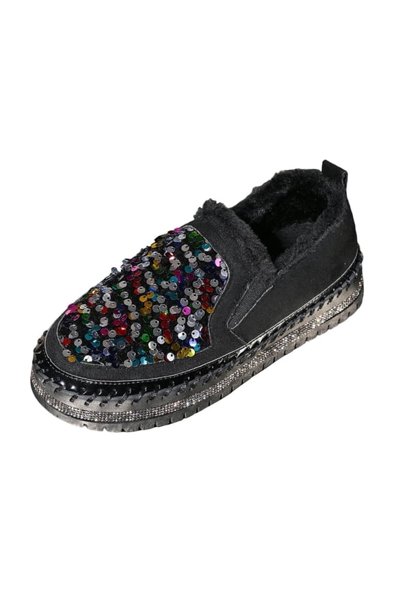 Women's Warm Versatile Sweet And Cool Sequined Shoes Fall And Winter Trendy Fleece-Lined Thick Flat Shoes.