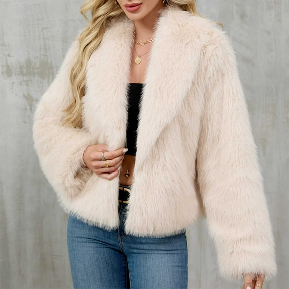 Women's Warm Winter Coats Fuzzy Fleece Cropped Open Front Cardigan Long Sleeve Outerwear Coats Ladies Jacket Lightweight Beige S