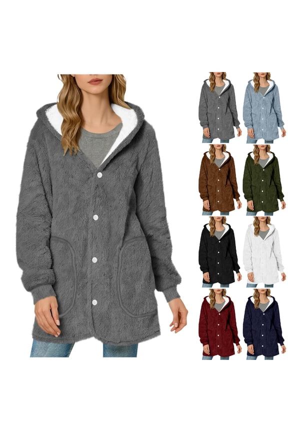 Women's Warm Winter Hooded Blouse Long Sleeve Loose Fit Coat Shirt Top with Pockets Thermal Thickened Casual Outerwear | CSEONE,Brown XL