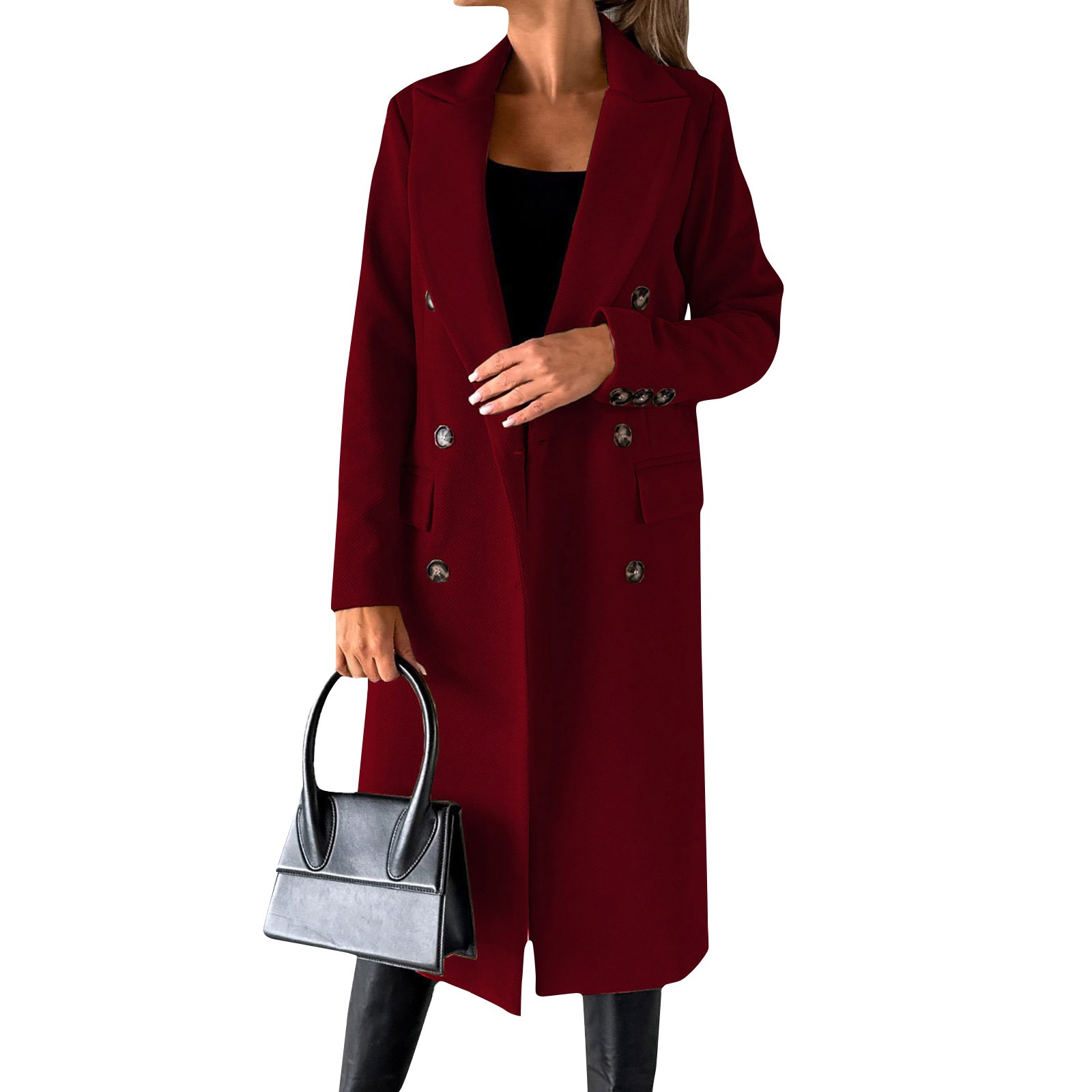Women's Warm Wool Coat Lapel Double Breasted Pea Coat Mid Long Trench