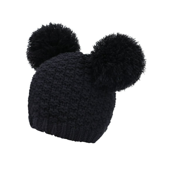 Women's Warm Wool Knit Fuzzy Double Pompom Winter Beanie Hat, Black