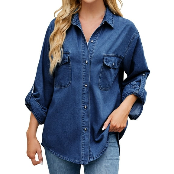 Women's Wash Adjustable Sleeve Denim Shirt Loose Top