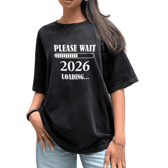 Women's Washed Black Tshirt Graphic Tees Shirts 2026 Loading Please Wait Design Casual Tops S-2XL