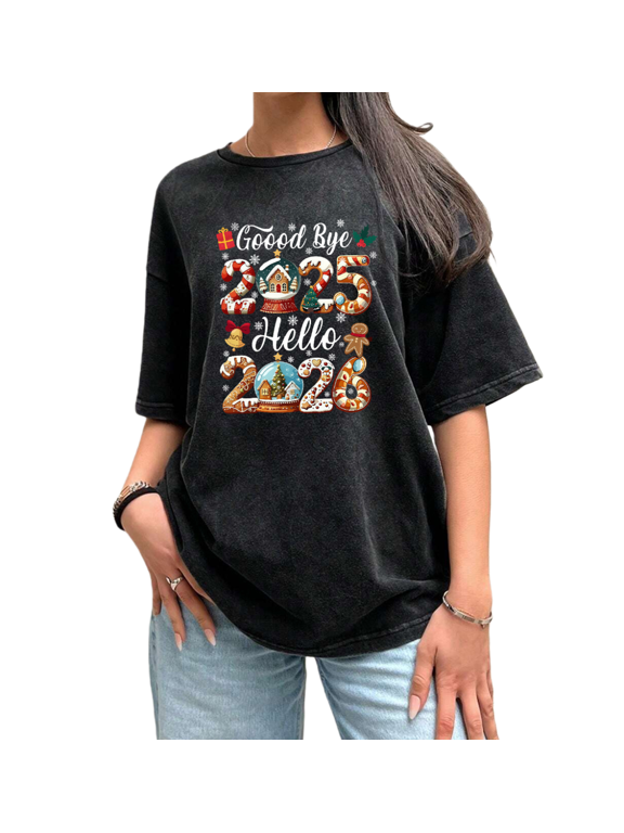Women's Washed Black Tshirt Graphic Tees Shirts Goodbye 2025 Hello 2026 Christmas Candy Design Casual Tops S-2XL