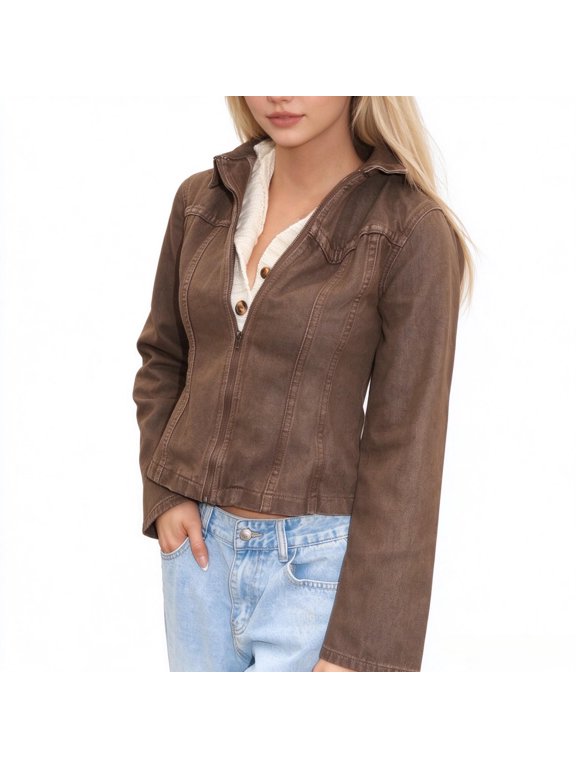 Women's Washed Bleached Denim Paneled Zip Collared Jacket, Vintage Cottage Core Old Money Country Fall Casual Outerwear, Brown