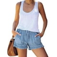 thumbnail image 1 of Women’s Washed Blue Denim Shorts Casual Drawstring Elastic Waist Frayed Hem Loose Short Jeans, 1 of 7