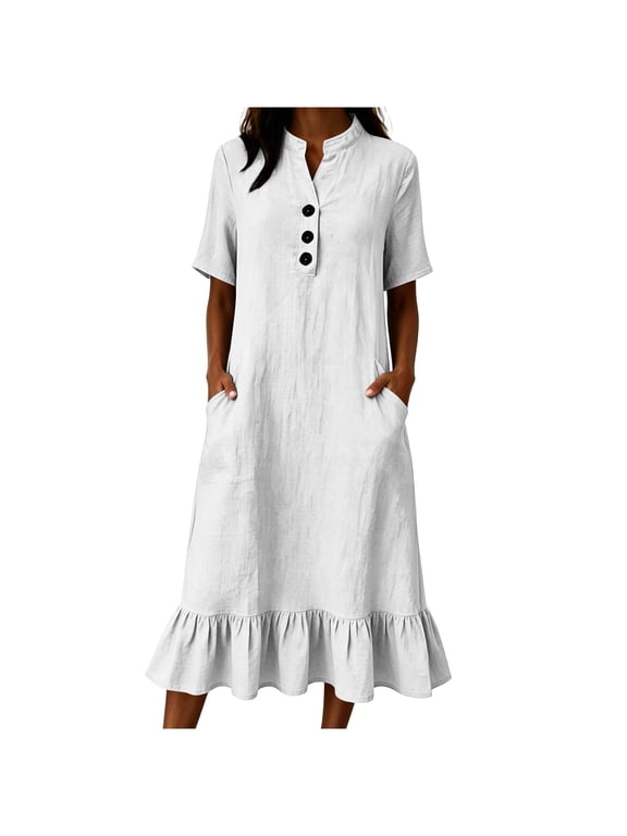Women's Washed Crinkle Cotton Linen Midi Dress, V Neck Half Button Ruffle Hem Dress with Pockets, Short Sleeve Loose Casual Flowy Dress White XXL(XXL)