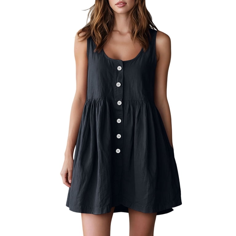 black sleeveless babydoll dress Women's Washed Crinkle Cotton Mini Summer Round Neck Button Front Casual Dress M(M) Denim dress