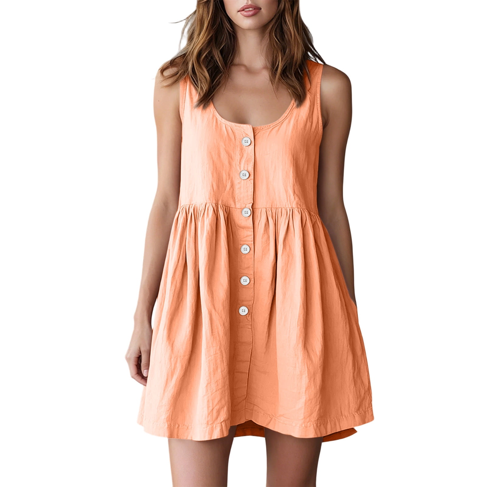 orange babydoll dress sleeveless Vsssj Women's Summer Square Neck Tie Strap Layered Mini Babydoll Dresses Sleeveless Smocked Solid Color Swing Ruffle Hem Dress Orange L, Size: Large