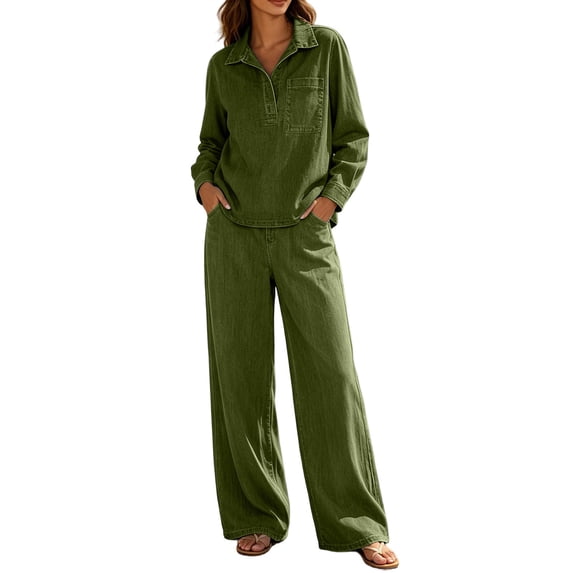 Women's Washed Denim 2 Piece Outfit Oversized Lapel Long Sleeve Shirt and High Waist Wide Leg Jeans Streetwear Daily Travel Tracksuit Set Army Green