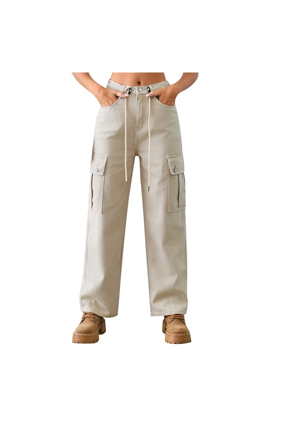 Women's Washed Denim Cargo Pants - Drawstring Adjustable Waist Straight Leg Casual Trousers with Distressed Hem