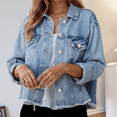 thumbnail image 1 of Women's Washed Denim Jacket With Edges Long Sleeve Button down Ladies Jackets Falls Creek Jacket Women Womens Jackets Fall Petite Jackets Trucker Jacket Boyfriend Jean Jacket Women Lightweight Denim, 1 of 5