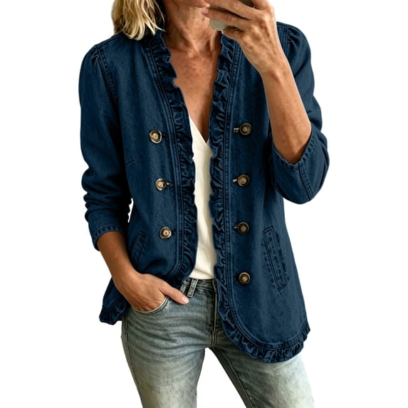 Women's Washed Denim Jacket Ruffle Trim Long Sleeve Double Breasted Jean Coat Casual Outerwear for Spring Fall Daily Street Outfits Dark Blue