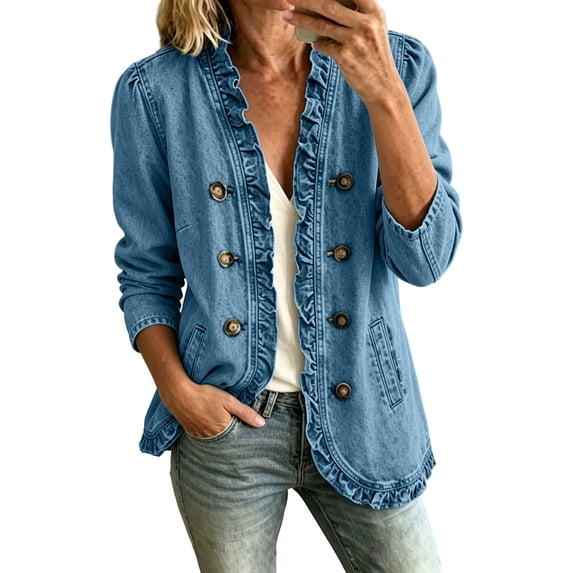 Women's Washed Denim Jacket Ruffle Trim Long Sleeve Double Breasted Jean Coat Casual Outerwear for Spring Fall Daily Street Outfits Sky Blue