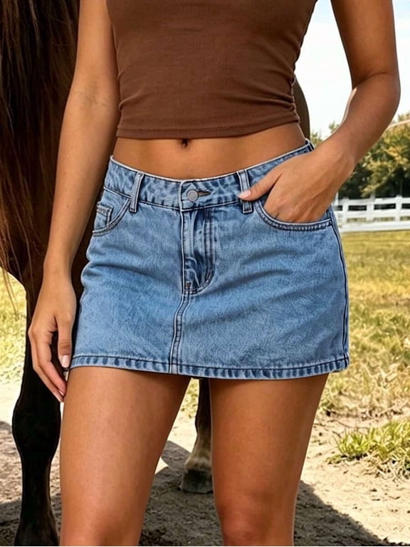 Women's Washed Denim Mini Skirt, Low Rise Casual Minimalist Jean Skirt, Summer Classic Short Denim Skirt with Pockets
