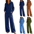 thumbnail image 1 of Women's Washed Denim Sets Collar Half Zip Denim Shirt Wide Leg Pants 2 Piece Outfit Casual Loose Jean Tracksuit Set, 1 of 8