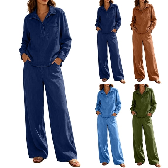 Women's Washed Denim Sets Collar Half Zip Denim Shirt Wide Leg Pants 2 Piece Outfit Casual Loose Jean Tracksuit Set