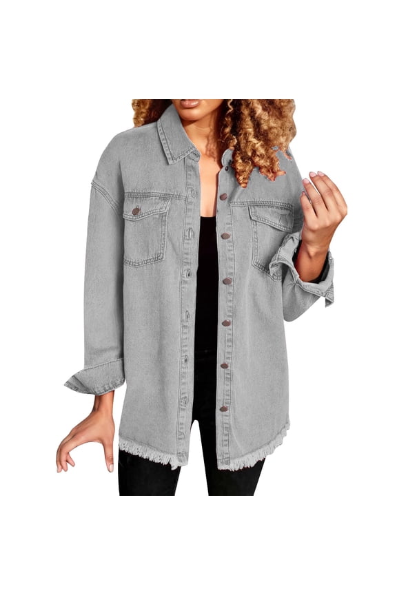 Women's Washed Denim Shirt Jacket with Distressed Hem, Button Down Casual Overshirt or Lightweight Coat, Versatile Layering Piece for Spring and Fall Grey L