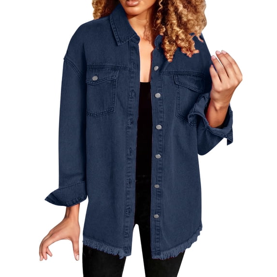 Women's Washed Denim Shirt Jacket with Distressed Raw Hem, Lightweight Casual Overshirt or Layering Coat, Fashion Button Down Outerwear Blue M