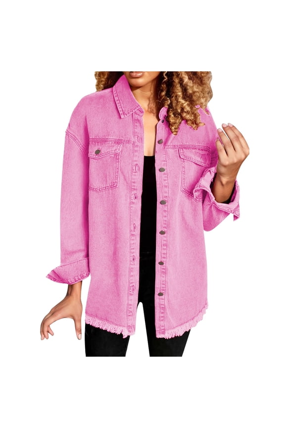 Women's Washed Denim Shirt Jacket with Distressed Raw Hem, Lightweight Casual Overshirt or Layering Coat, Fashion Button Down Outerwear Hot Pink S