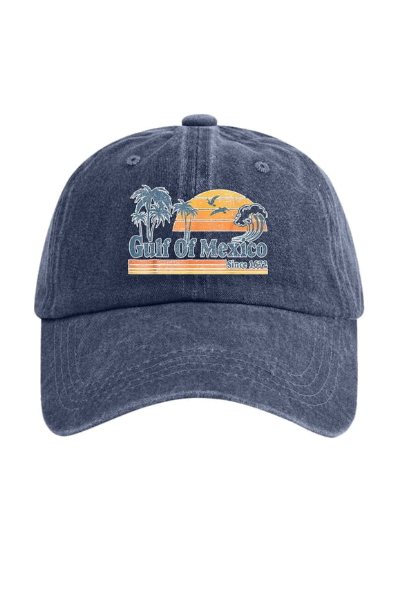 Women's Washed Distressed Denim Design Vintage Print Baseball Cap Gulf of Mexico Print Trucker Hat Lightweight Breathable Trendy Versatile Street Style Navy One Size