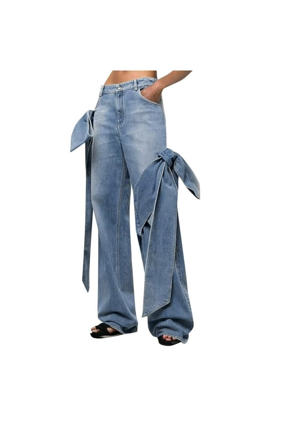 Women's Washed Distressed Slim Jeans with Bowknot Design Stitching Wide Leg Pants Comfortable Stretch Denim Casual Trousers