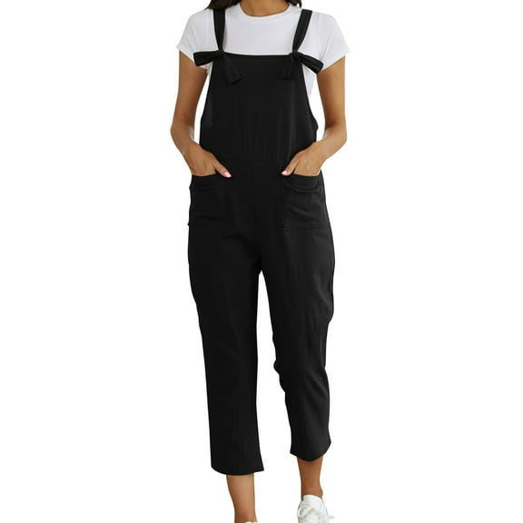 Women's Washed Linen Bib Overalls - Casual Ripped Jumpsuit Rompers - Adjustable Straps & Four Pockets
