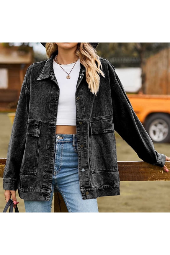 Women's Washed Oversized Denim Jacket Lapel Button Front Loose Jean Coat with Patch Pockets for Daily Streetwear Gray S