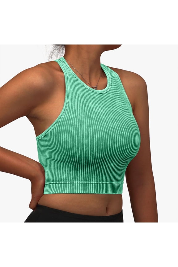 Women's Washed Ribbed Seamless Sports Bra, High-Neck Racerback Crop Top, Quick-Dry Wireless Workout Bra, 15 Colors, Sizes S-L