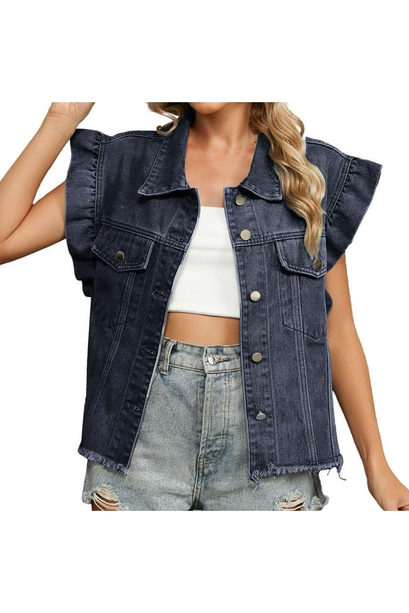 Women's Washed Wooden Ear Trim Denim Vest Soft Fabric, Oversized, with Pockets, for Multiple Occasions