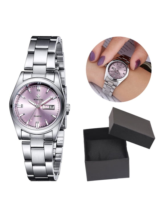 Women's Watches Waterproof Luminous Calendar Quartz Watch with Stainless Steel Band (Pink)