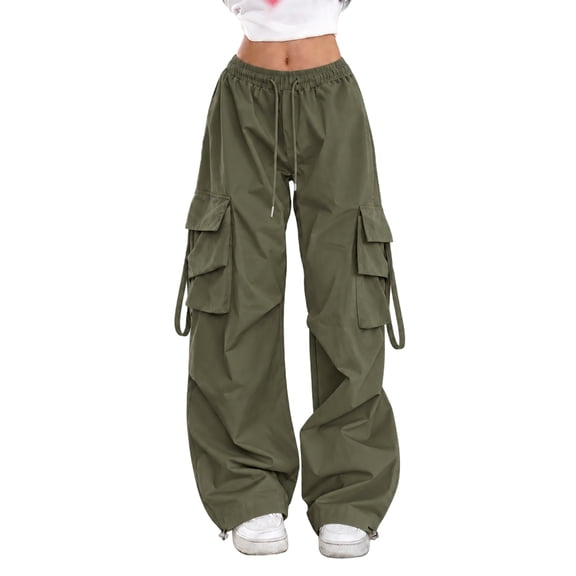 Women's Water Resistant Cargo Pants High Waisted Drawstring Wide Leg Flap Pockets Parachute Pants