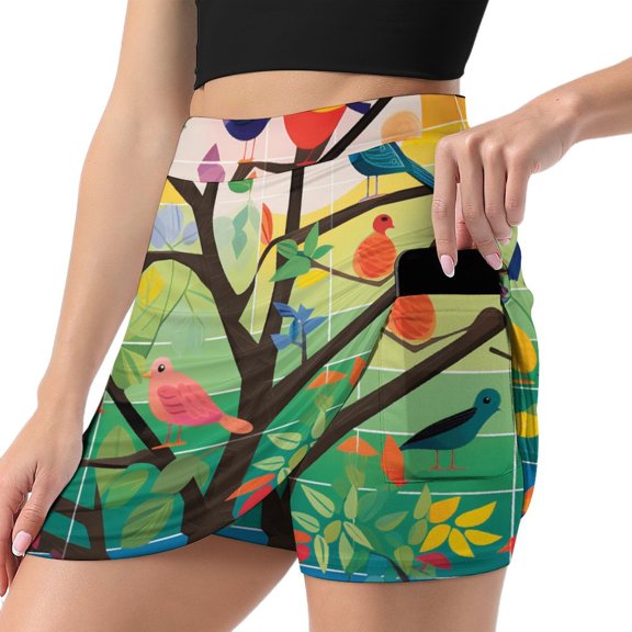 Women's Watercolor Bird Print High Waist A-Line Mini Skirts Colorful Pleated Short Skirt Trendy E-Girls Streetwear
