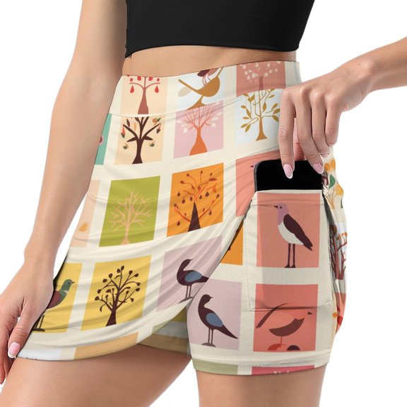 Women's Watercolor Bird Print High Waist A-Line Mini Skirts Colorful Pleated Short Skirt Trendy E-Girls Streetwear