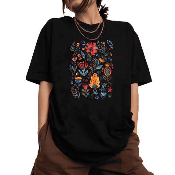 Women's Watercolor Floral Breathable T Shirt Casual Top Colorful Graphic Short Sleeve Round Neck Black S-5XL