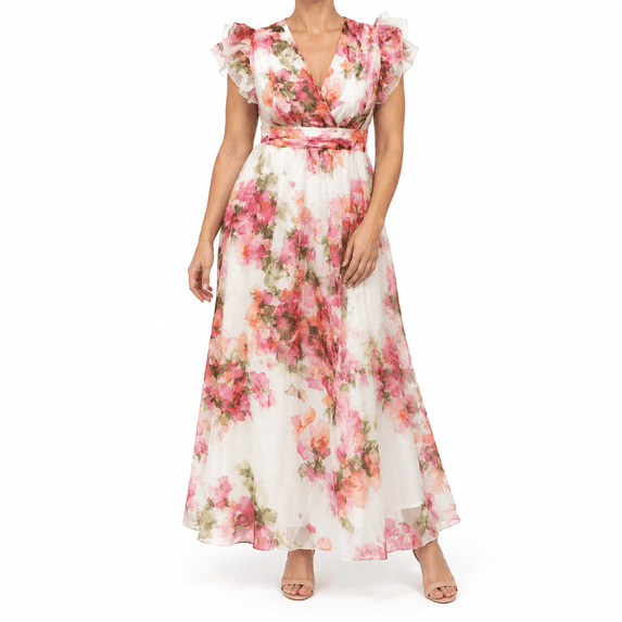 Women's Watercolor Floral Chiffon Maxi Dress Deep V Cap Ruffle Sleeve Elastic Waist A-Line Wedding Sundress