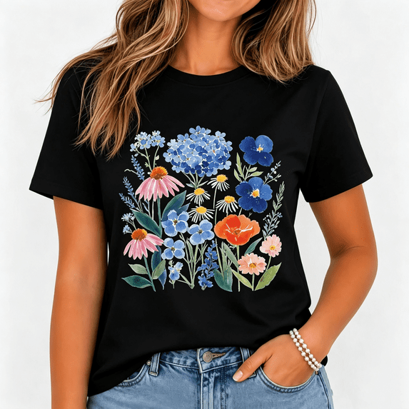 Women’s Watercolor Floral Graphic T‑Shirt, Boho Wildflower Summer Casual Cotton Short‑Sleeve Tee Women Clothing