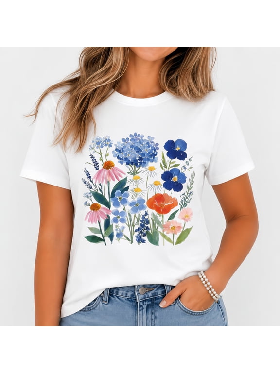 Women’s Watercolor Floral Graphic T‑Shirt, Boho Wildflower Summer Casual Cotton Short‑Sleeve Tee Women Clothing