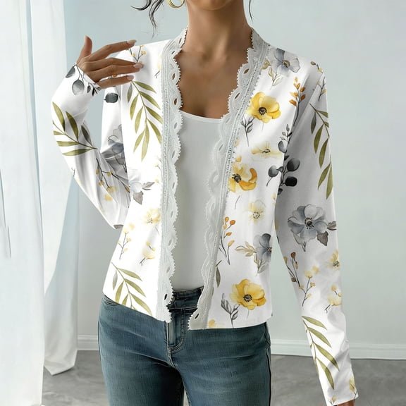 Women's Watercolor Floral Print Long Sleeve Knit Cardigan with Lace Trim – Elegant Spring & Fall Casual Open-Front Top