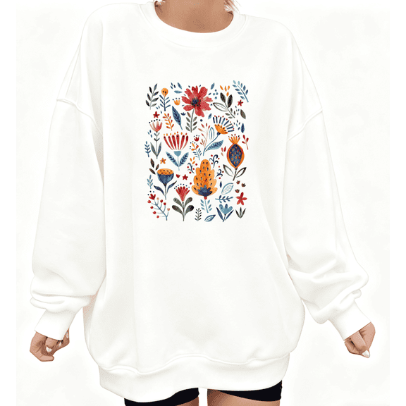 Women's Watercolor Floral Printed Cotton Sweatshirt Round-neck Long-sleeved White S-3XL