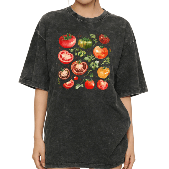 Women's Watercolor Heirloom Tomatoes Garden Aesthetic Graphic Breathable Washed T Shirt Black S-2XL Plus Size