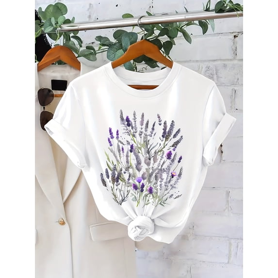 Women's Watercolor Lavender Floral Graphic T-Shirt Wildflower Print Short Sleeve Casual Tee