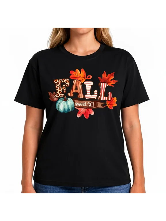 Women's Sweet Fall Graphic T-Shirt, Pumpkin Maple Leaf Cotton Crew Neck Casual Autumn Tee